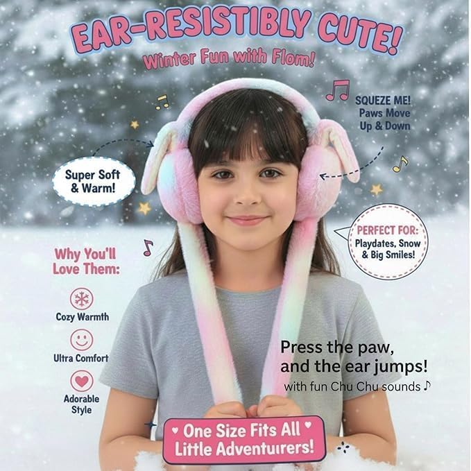 Chu-Chu Winter Bunny Ear Earmuffs Moving Ear Kids Ear Warmers Soft Plush Faux Fur Ear Muffs with Chu-Chu Sound | Warm, Cute & Comfortable for Girls, Boys & Women