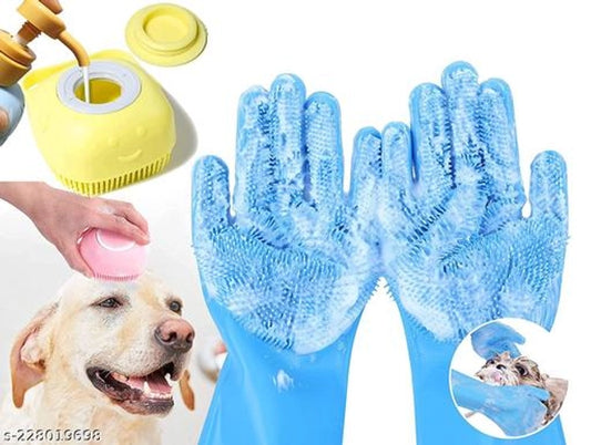 Silicone Dog Bath Brush with Cleaning Gloves (Multicolor, Set of 2)